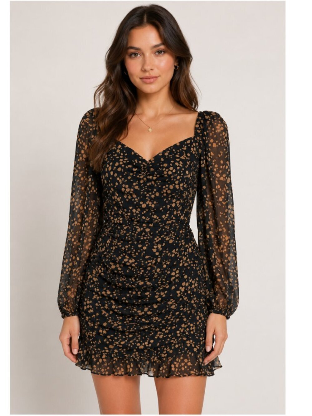 Lush Black Brown Ruched Mini Dress Balloon Sleeves Small